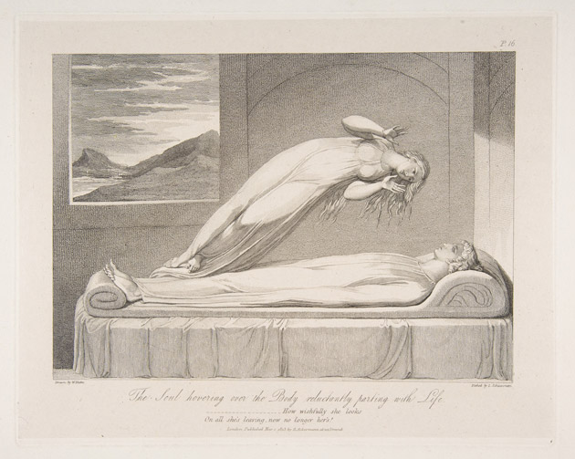 The Soul. William Blake’s portrayal of the soul departing the body upon death captures what most people believe to take place. An illustration from a series designed by Blake for an edition of the poem “The Grave” by Robert Blair, engraved by Louis Schiavonetti in 1813, titled <em>The Soul Hovering over the Body, Reluctantly Parting with Life</em>. Courtesy of the Metropolitan Museum of Art.” width=”630″ height=”503″></p>
<p class=